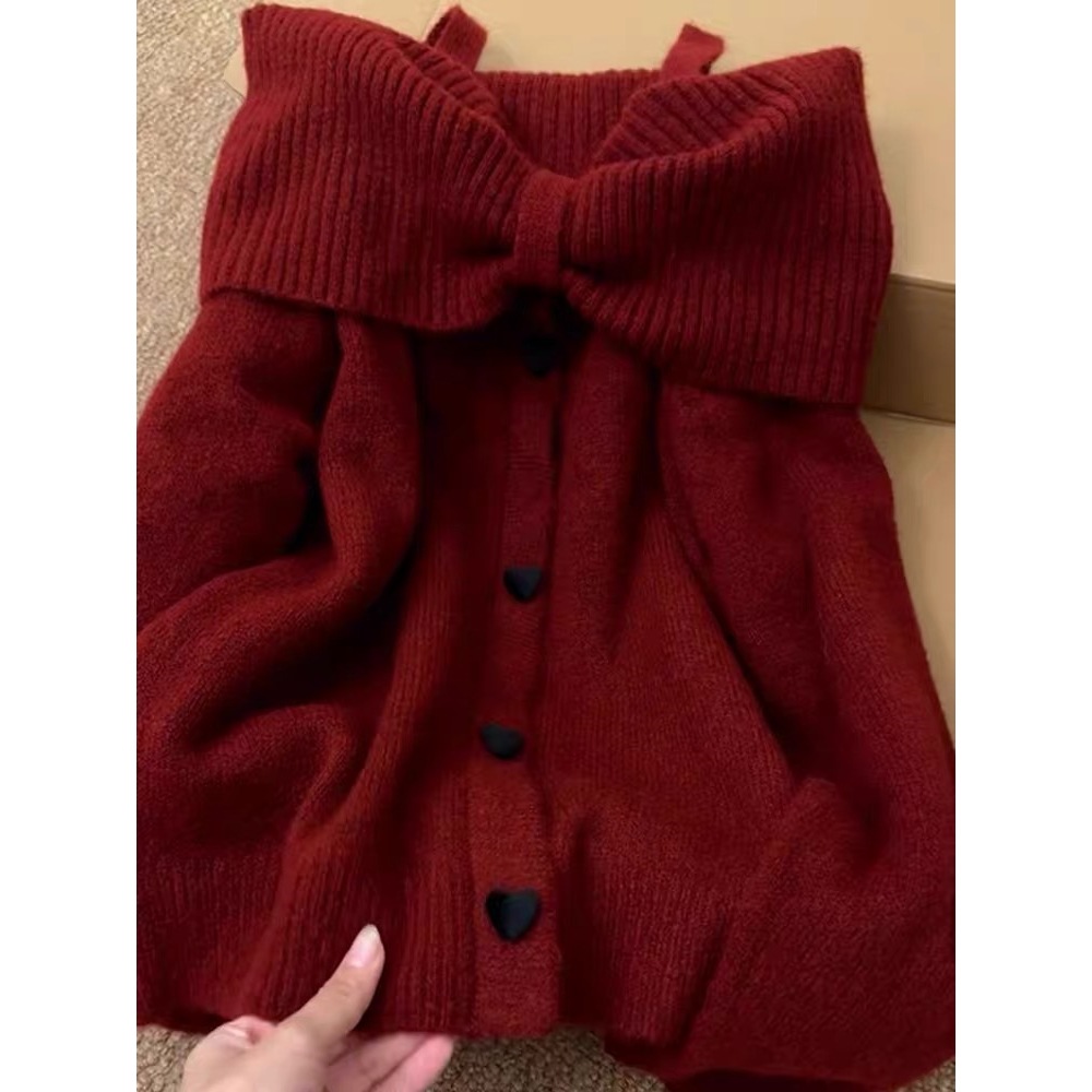 Precio real # hilo de núcleo # arco coreano un suéter de hombro de mujeres otoño invierno sensación de hombro abierto chaqueta de punto