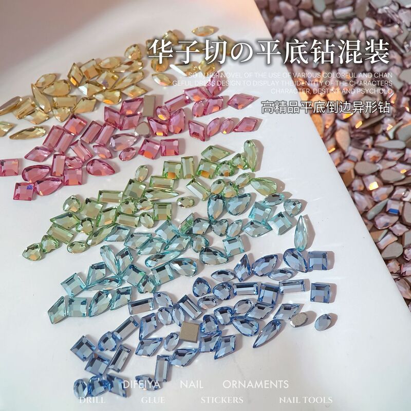 Hua Zi Flat-Bottomed Rhinestones for Nail Art, Sparkling K9 Inverted-Edge Small Flat-Bottomed Irregular-Shaped Rhinestones, Colorful Mixed Nail Rhinestone Decorations