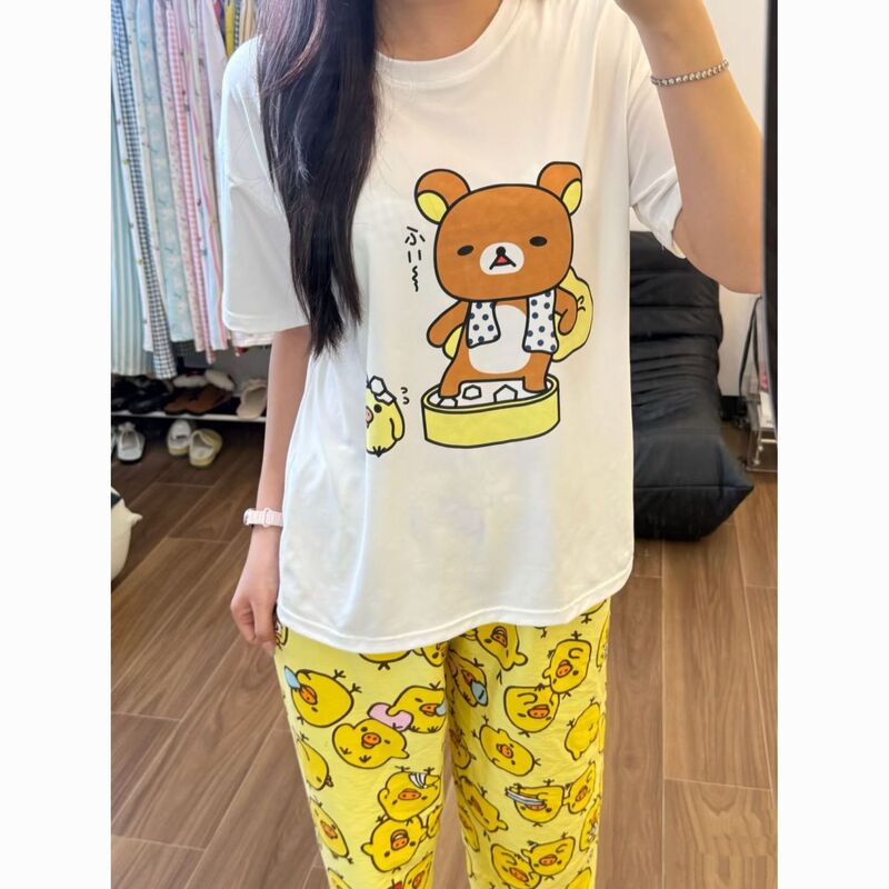 Japanese-Style Rilakkuma Summer Casual Girl's Pajamas Cute Chicken Nose Design Pure Cotton Top + Cloud Cotton Long Pants Set Japanese-Style Rilakkuma Summer Casual Girl's Pajamas Cute Chicken Nose Design Pure Cotton Top + Cloud Cotton Long Pants Set