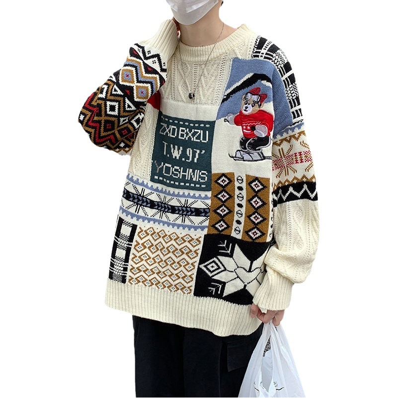 Suéter navideño para parejas, suéter de cuello redondo para hombre, estilo exportación, holgado, para otoño e invierno, suéter tipo cuello alto, abrigo grueso y cálido para jóvenes