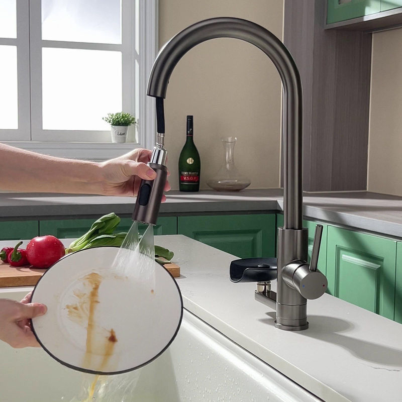 Pull-Out Kitchen Faucet with Hot and Cold Water, Multifunctional Splash-Proof Sink Faucet with Cup Washing Attachment Pull-Out Kitchen Faucet with Hot and Cold Water, Multifunctional Splash-Proof Sink Faucet with Cup Washing Attachment