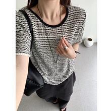 韩系穿搭条纹短袖针织衫女2026新款夏季女装t恤圆领宽松打底上衣