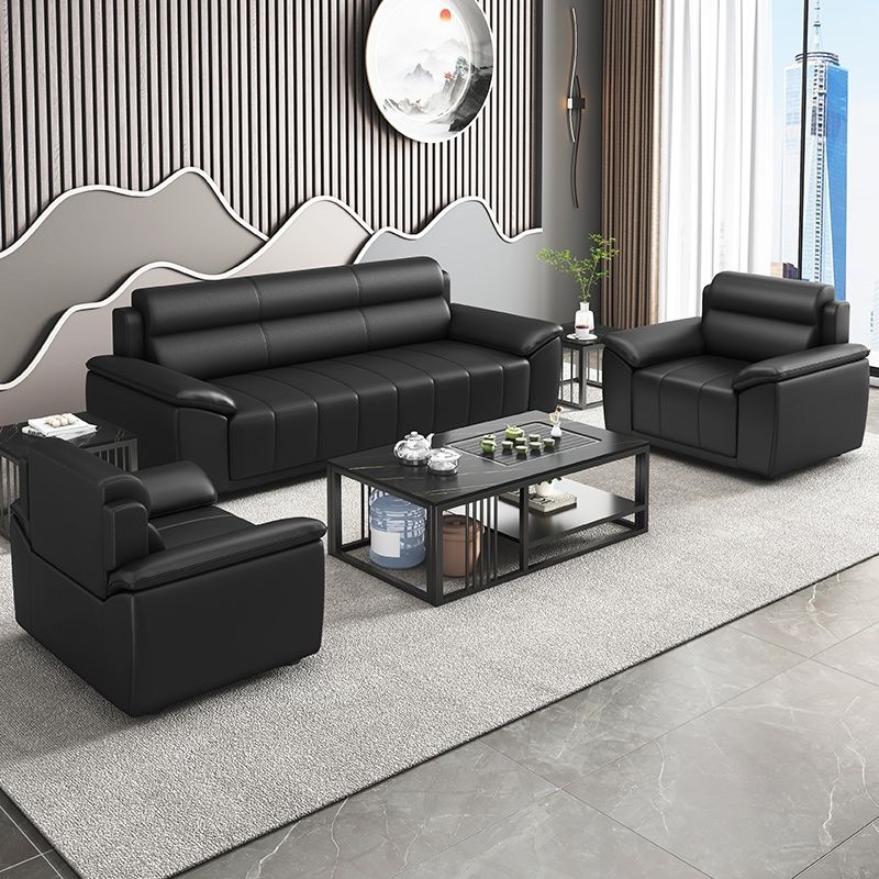 Office sofa in genuine leather, simple modern design, suitable for business reception rooms, three-seater and two-seater with coffee table set