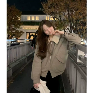 韩国OUN*CE 2026冬季新款百搭羊羔毛领保暖夹棉夹克毛呢短棉服女