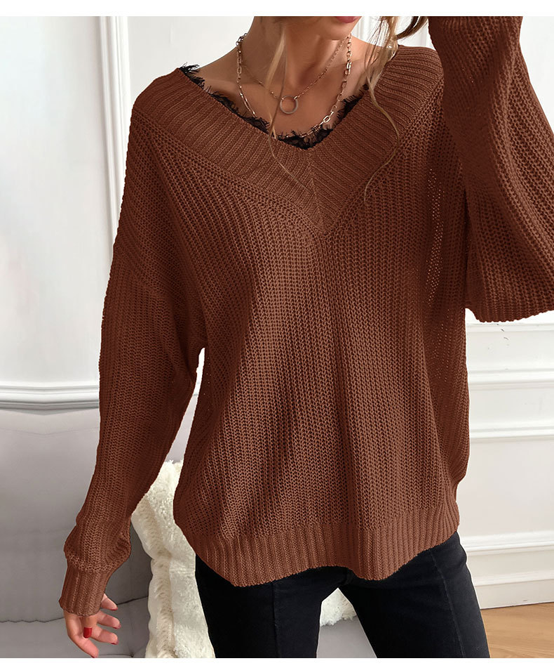 Solid Color V-Neck Lace Stitching Long-Sleeved Knitted Sweater NSYYF86421