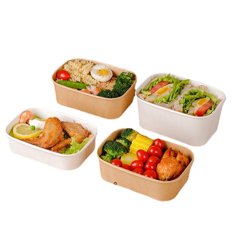 Caja de almuerzo desechable caja de almuerzo de papel kraft rectangular con tapa caja de Bento de fruta de tazón de ensalada de comida ligera con caja de embalaje