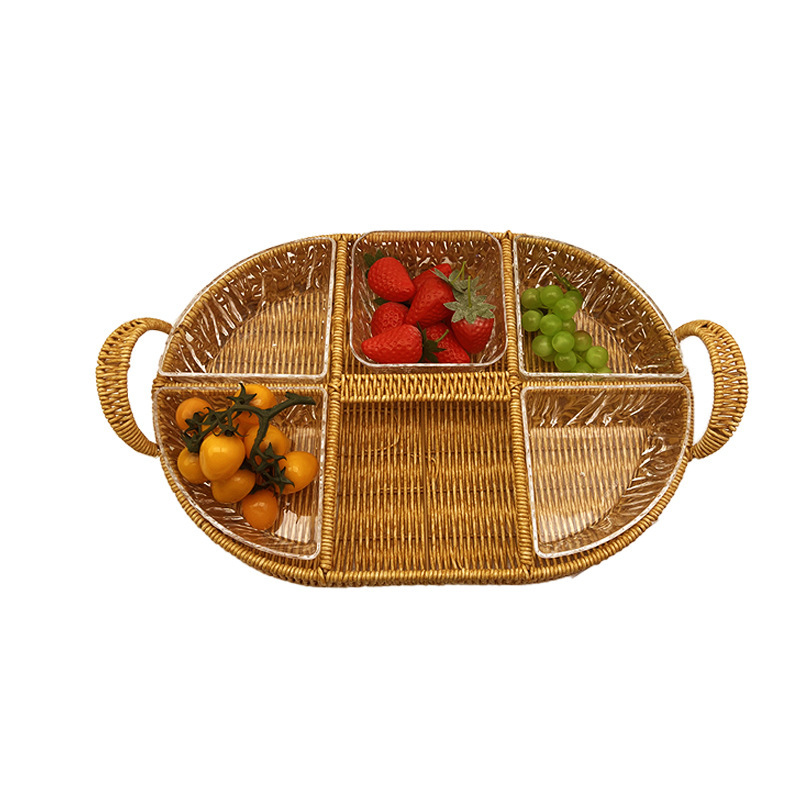 Tejido de vid de imitación con cestas de almacenamiento acrílicas tejidas de mesa refrigerios de frutas refrigerios bandeja de té de la tarde bandeja de frutas almacenamiento