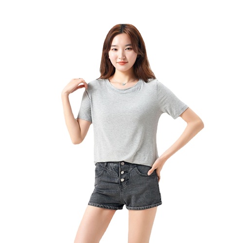 Summer New Bit Cotton Crew Neck Short Sleeve Base Shirt Korean Style Plain Color Simple Women's Top Basic Large Size T-shirt