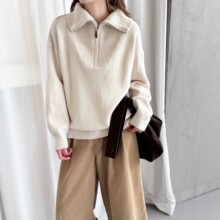 韩系半开拉链高领毛衣女秋冬宽松落肩软糯质感简约针织套头衫外贸