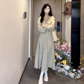 法式条纹长袖衬衫连衣裙子女装2024早秋季新款收腰气质小个子长裙