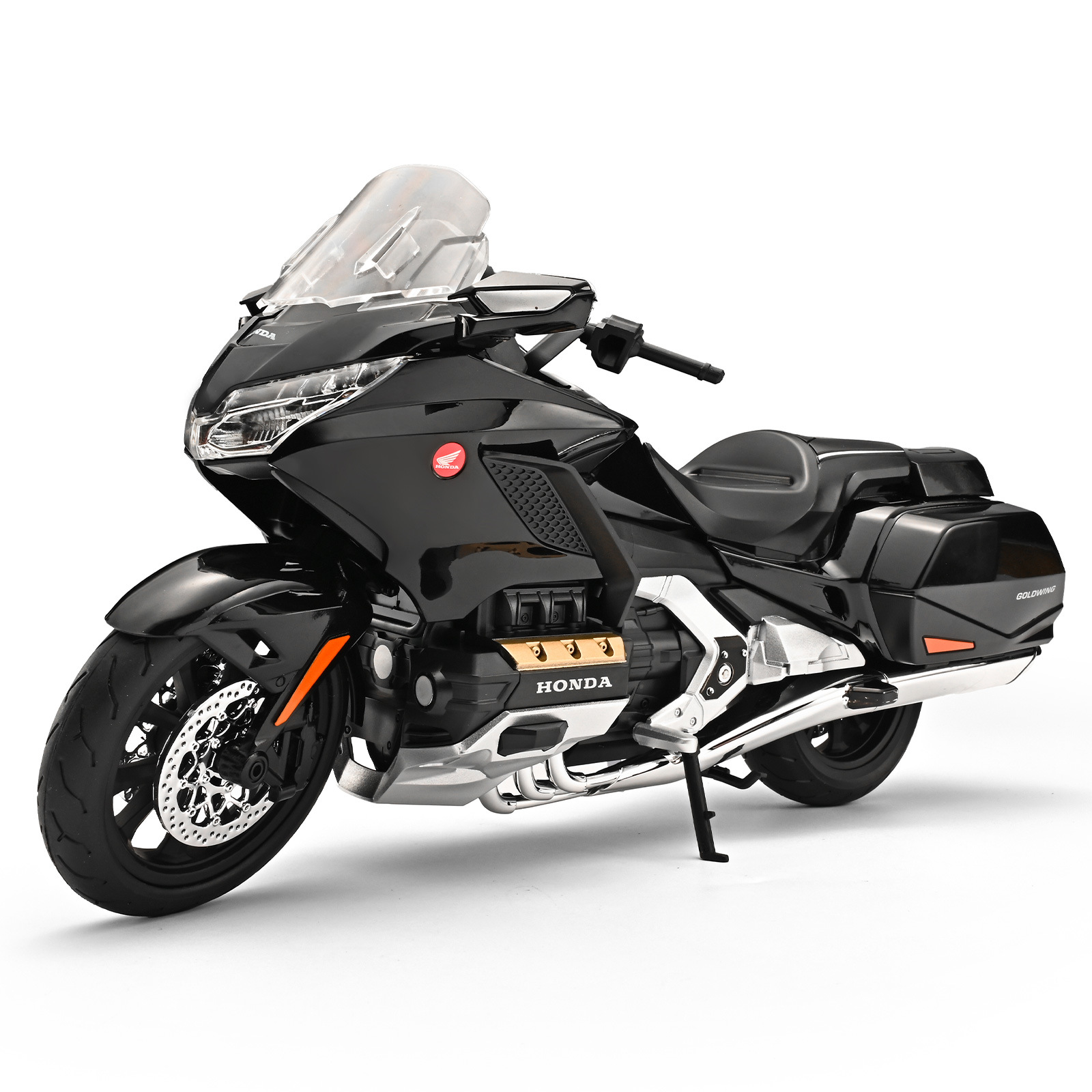 Auténtico 1: 9 Honda GL1800 aleación amortiguador de motocicleta acústica y óptica efectos de sonido juguetes para niños colección de fans