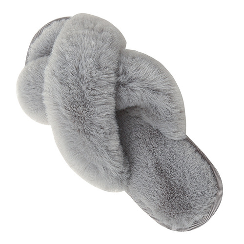 Winter slippers plush cross-strapped cotton indoor warm oversized faux rabbit fur slippers for women