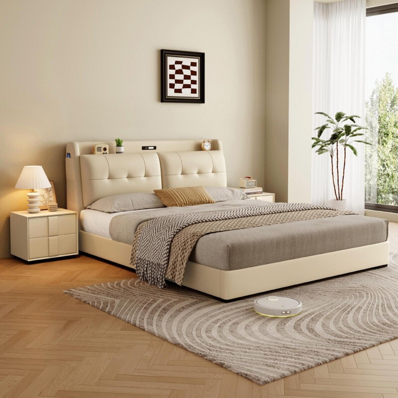 Modern Minimalist Genuine Leather Bed, Double Bed for Master Bedroom, Single Bed for Guest Bedroom, Storage High-Box Bed, Leather Art Bed, Popular and Stylish Model
