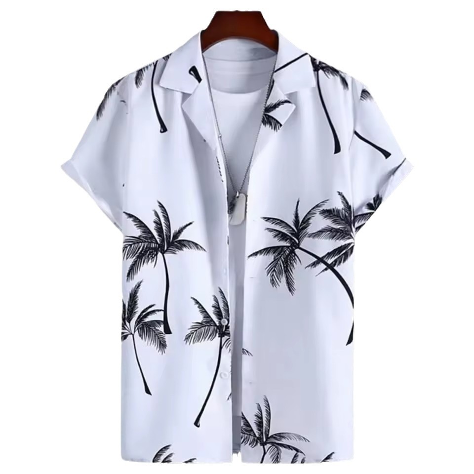 Camisa hawaiana de solapa de un solo pecho de manga corta suelta para hombre, estampado geométrico simple en color de contraste 3D