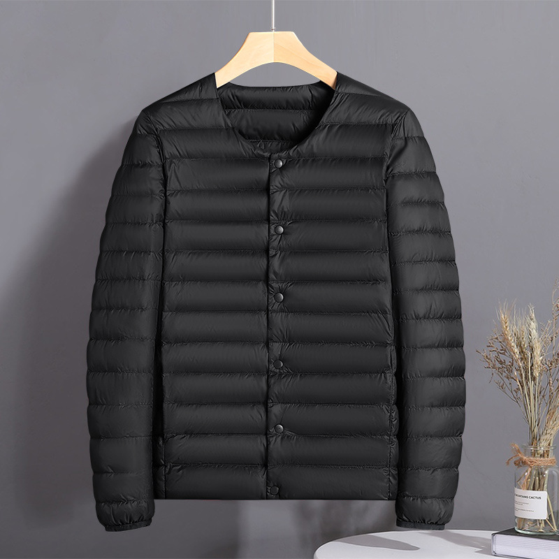 Chaqueta de plumón ligera transfronteriza para hombres y mujeres de otoño y invierno, chaqueta de abrigo caliente sin cuello, revestimiento de plumón ligero inferior se puede abrir
