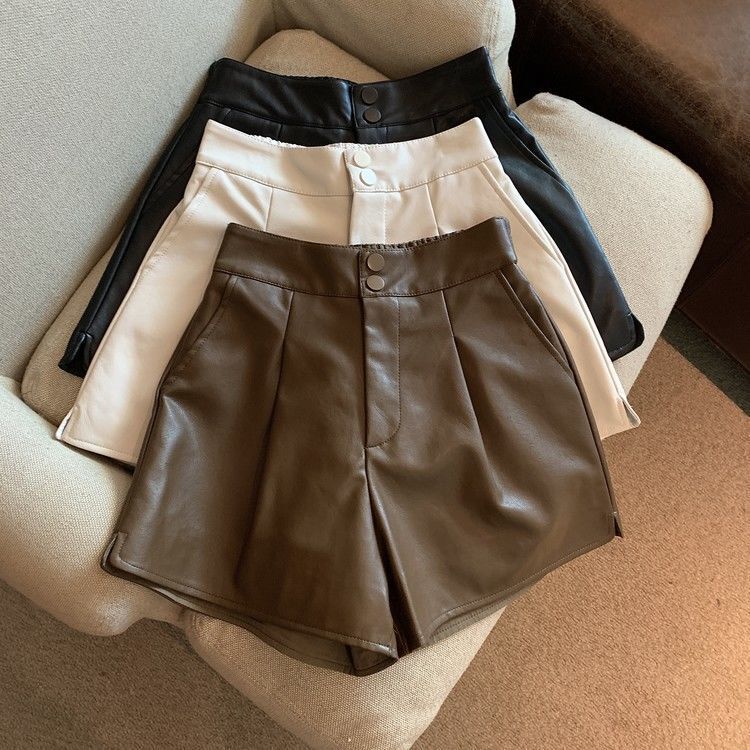 2025 Autumn and Winter Plus Size Fat mm High Waist Outer Wear Black Wide Leg Pants Small Pu Leather Shorts Slim Casual Boot Pants