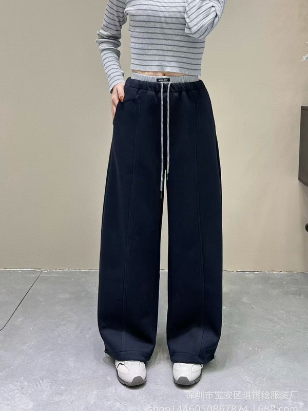 琪镌绘制美式运动香蕉卫裤女秋冬季新款高腰宽松直筒休闲长裤8863|undefined