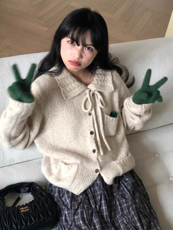 复古系带翻领针织毛衣开衫女秋冬季简约百搭显瘦上衣|undefined