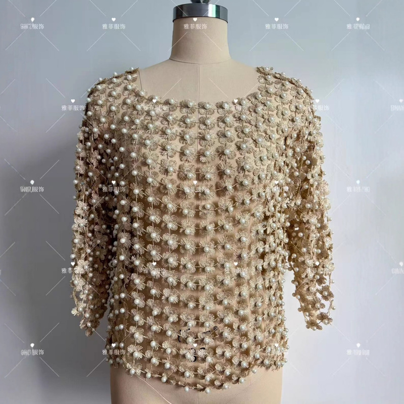 Beading and Gold Thread Floral Lace Woven Hollow-Out Blouse with Mid-Sleeves, Stylish T-Shirt, Fashionable Casual Versatile Top Beading and Gold Thread Floral Lace Woven Hollow-Out Blouse with Mid-Sleeves, Stylish T-Shirt, Fashionable Casual Versatile Top