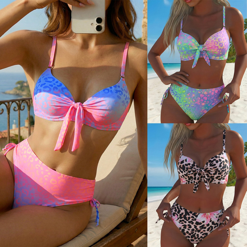 European and American 2026 New Foreign Trade Leopard Print Sexy Strappy Two-Piece Beach Swimsuit Bikini for Women