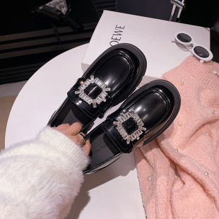 Xingguang Square Small Leather Shoes Women's 2024 Spring New British Style Casual All-match Rhinestone Removable Thick-soled Loafers