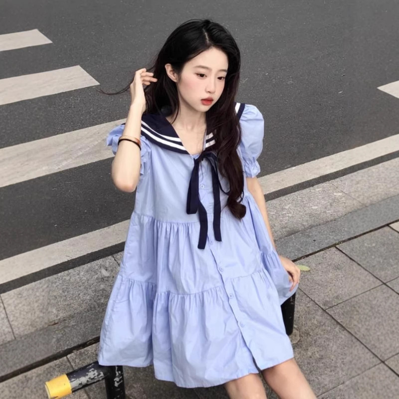 Navy Collar Dress for Women, New Summer Style, Sweet College Style, Waist-Cinching, Slimming, Niche Short-Sleeve A-Line Dress
