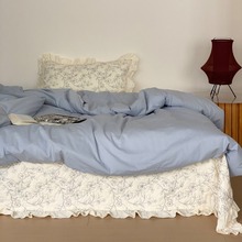 双面碎花绗缝款夹棉床盖四件套绣花法式赫本花边床单夏被盖毯