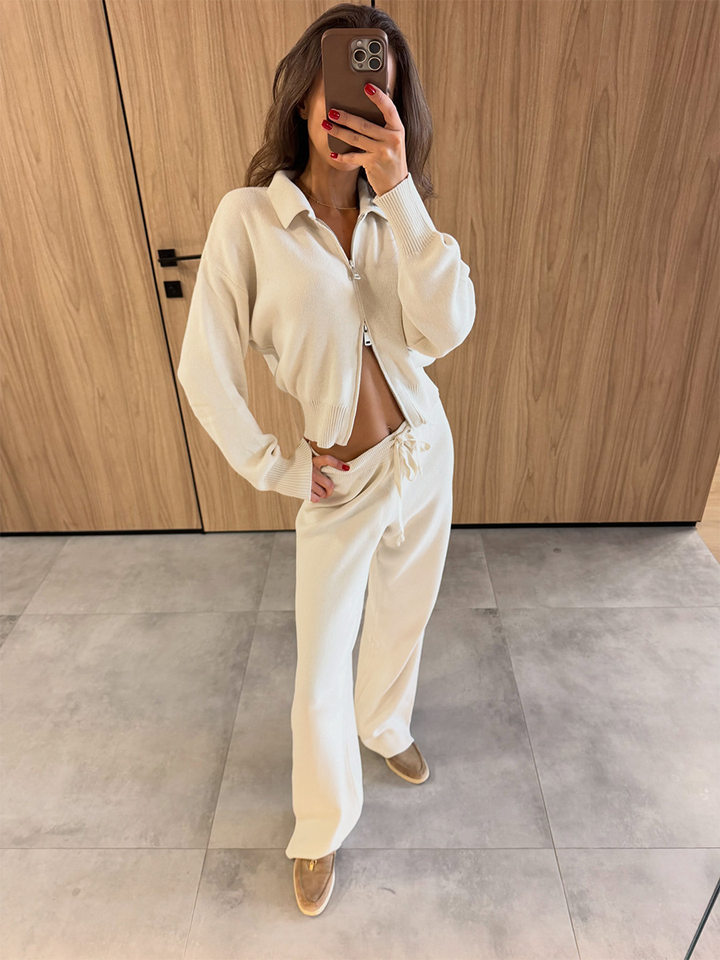 Bộ đôi áo cardigan len cổ polo dáng ngắn khóa kéo và quần dài dệt kim dây rút phong cách Âu Mỹ — Màu be, Màu nâu, màu xám, màu đen chi tiết 5