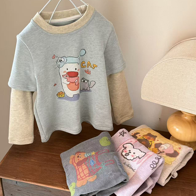 [en stock] camiseta de mangas largas de niñas invierno 25 nuevo estilo coreano de niñas falsas dos piezas de chaqueta de aire extranjero más terciopelo 350g