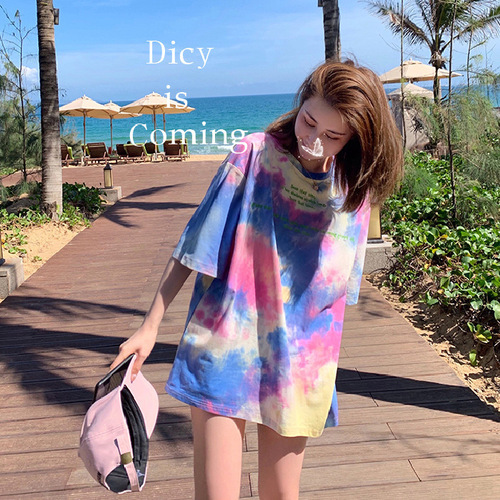 Foreign trade loose Harajuku style tie-dye bf top summer ins trendy Hong Kong style super hot Cec short-sleeved women T-shirts students and women trendy
