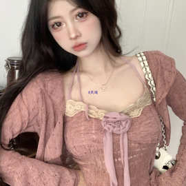 纯欲甜美蕾丝拼接花朵吊带背心套装女秋季长袖披肩罩衫上衣两件套