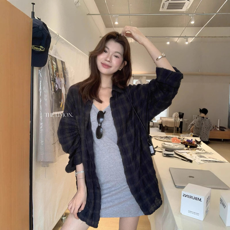Lemon Green Tea Color Layered Outfit for Spring Outings, Lightweight Wrinkled Plaid Sun-Protective Long-Sleeve Shirt for Women