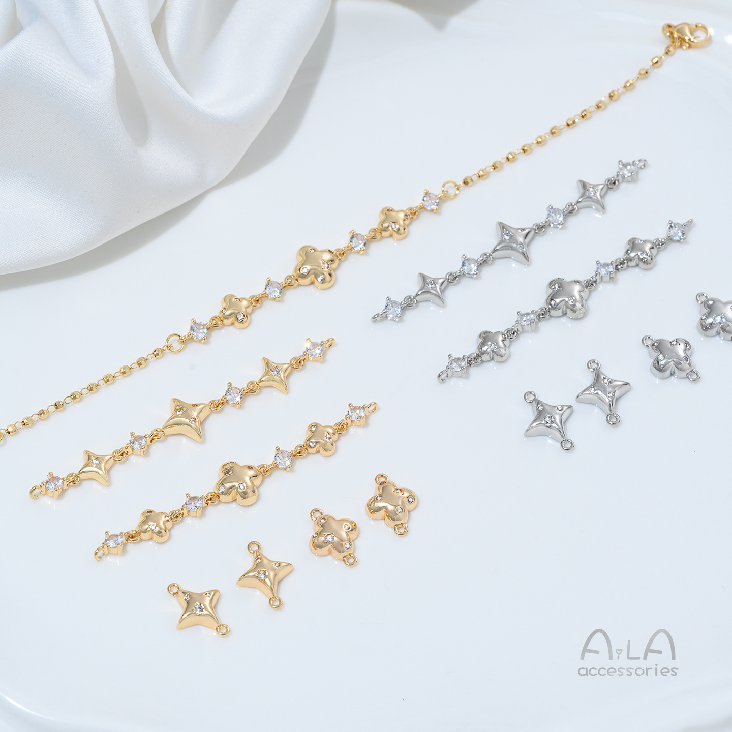 14K Gold-Plated Copper Zircon Cross and Four-Leaf Clover Double Pendant Handmade DIY Crystal Pearl Necklace Accessories