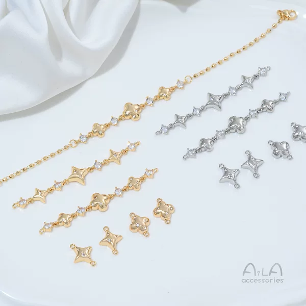 14K Gold-Plated Copper Zircon Cross and Four-Leaf Clover Double Pendant Handmade DIY Crystal Pearl Necklace Accessories