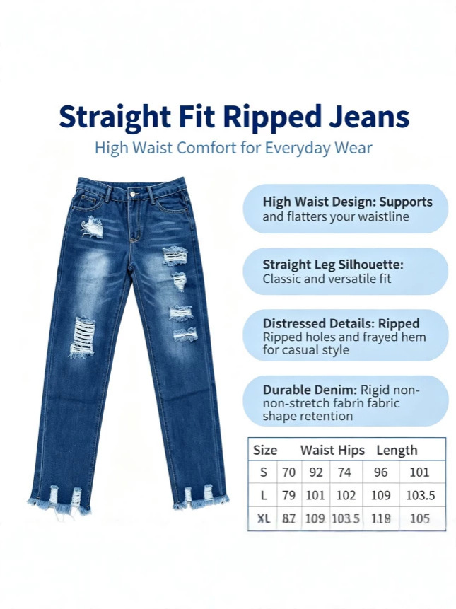 Jeans Rectos con Rasgados para Mujer de Mezclilla de Algodón con Cintura Alta