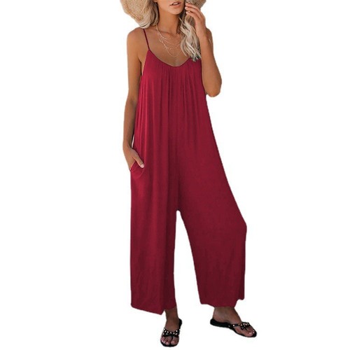 European and American-style summer women's long pants, solid color, with inset pockets, loose-fitting, casual, strap-style jumpsuit