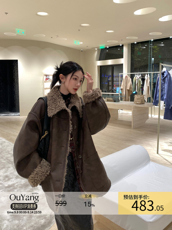 区区欧阳双面穿环保皮毛一体外套女冬季加厚休闲宽松复古加绒皮衣|undefined