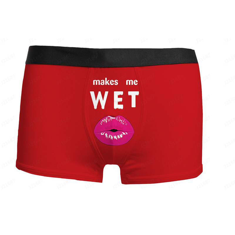 性感紅唇純色紅黑男士四角內褲彈性牛奶絲中腰成人平角褲印花內褲