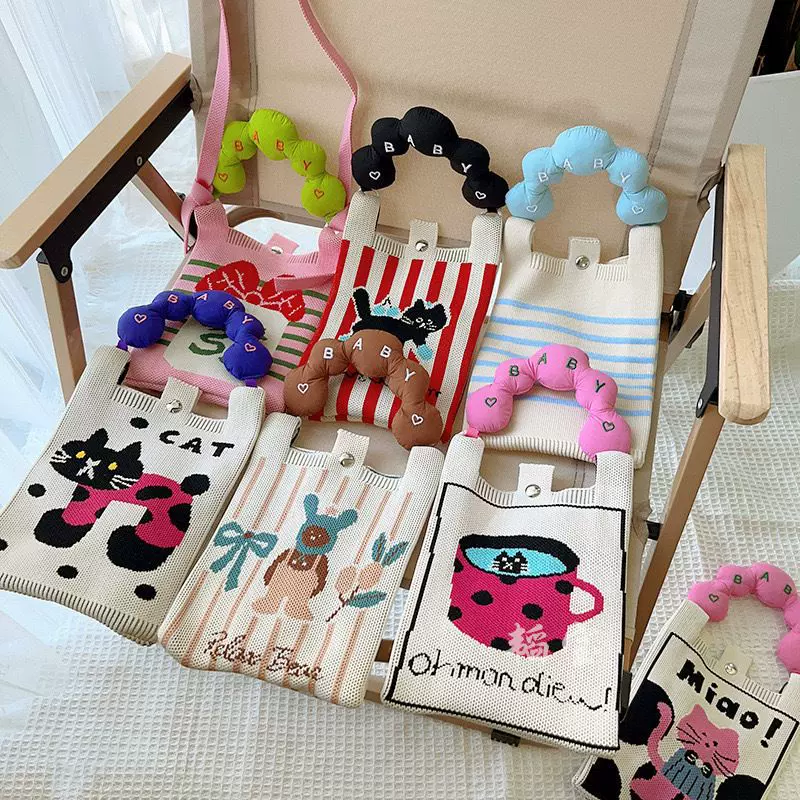 韩版糖果色手柄手机包可爱针织迷你百搭斜跨手提包袋子便携手拎包