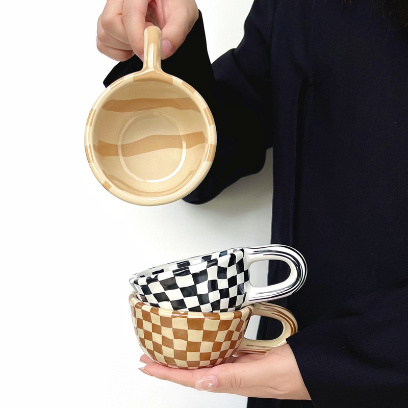 Shane Vintage Checkerboard Korean Style Coffee Cup Ins Style Niche Couple Household Mug Household Ceramic Water Cup