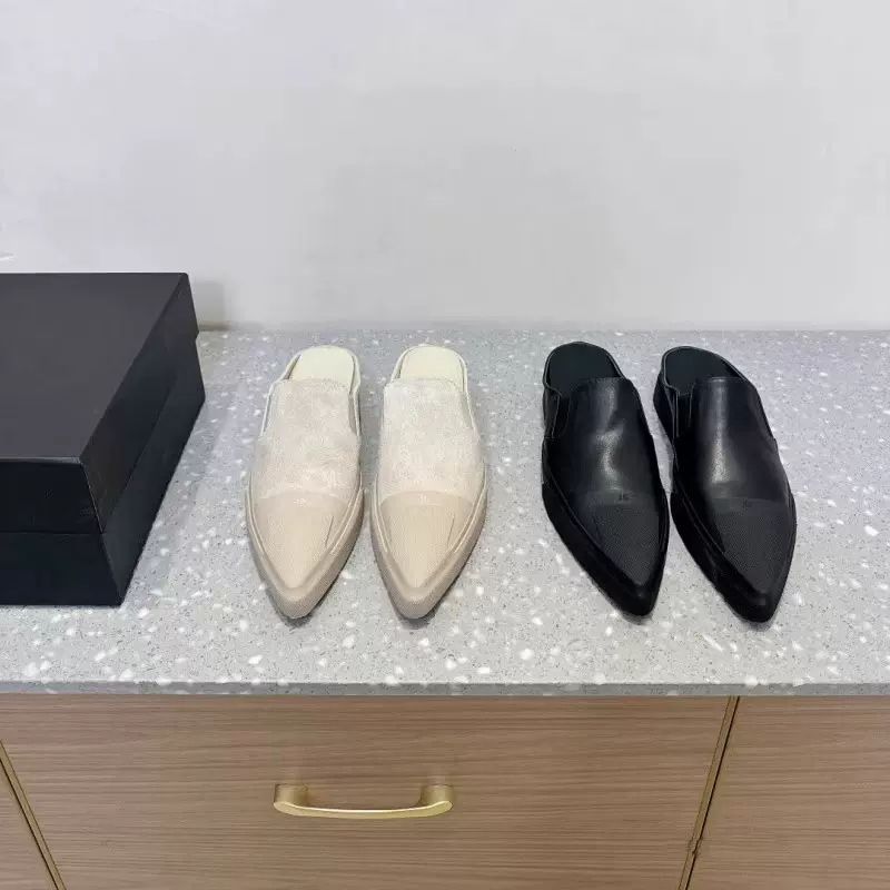 2025春季新款小众尖头包头休闲半拖鞋女做旧平底板鞋懒人拖小白鞋