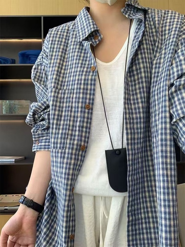 蓝色格子长袖衬衫女春夏秋新款防晒衬衣慵懒风宽松百搭上衣薄外套|undefined