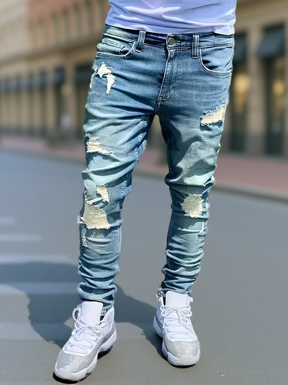 Slim Fit Men's Distressed Jeans Mid Waist Blue Cotton Casual Straight Pants With Slight Stretch For Spring Autumn_mkmklike.com