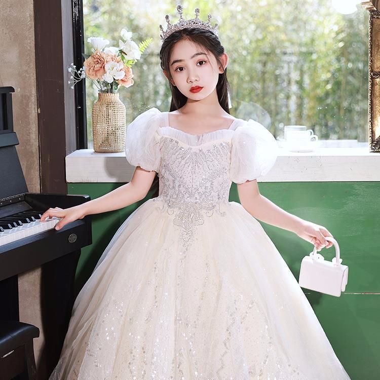 兒童禮服公主裙夏季新款女童簡約蓬蓬裙花童婚禮小女孩鋼琴演奏演