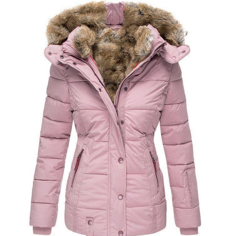 En stock Deseo Amazon invierno cálido Cuello de piel abrigo de algodón-acolchado cremallera de las mujeres de manga larga con capucha delgada abrigo de algodón-acolchado W128