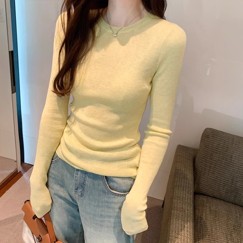 One-piece delivery spring South Korea ins style Milky yellow knitted bottoming shirt women's round neck thin slightly transparent inner top