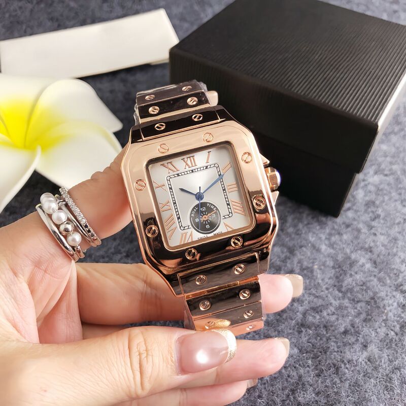 Exquisite Rose Gold Steel Band Square Women's Watch Quartz Wristwatch Dual Time Zone Chronograph Workplace Commute Retro Luxury Watch