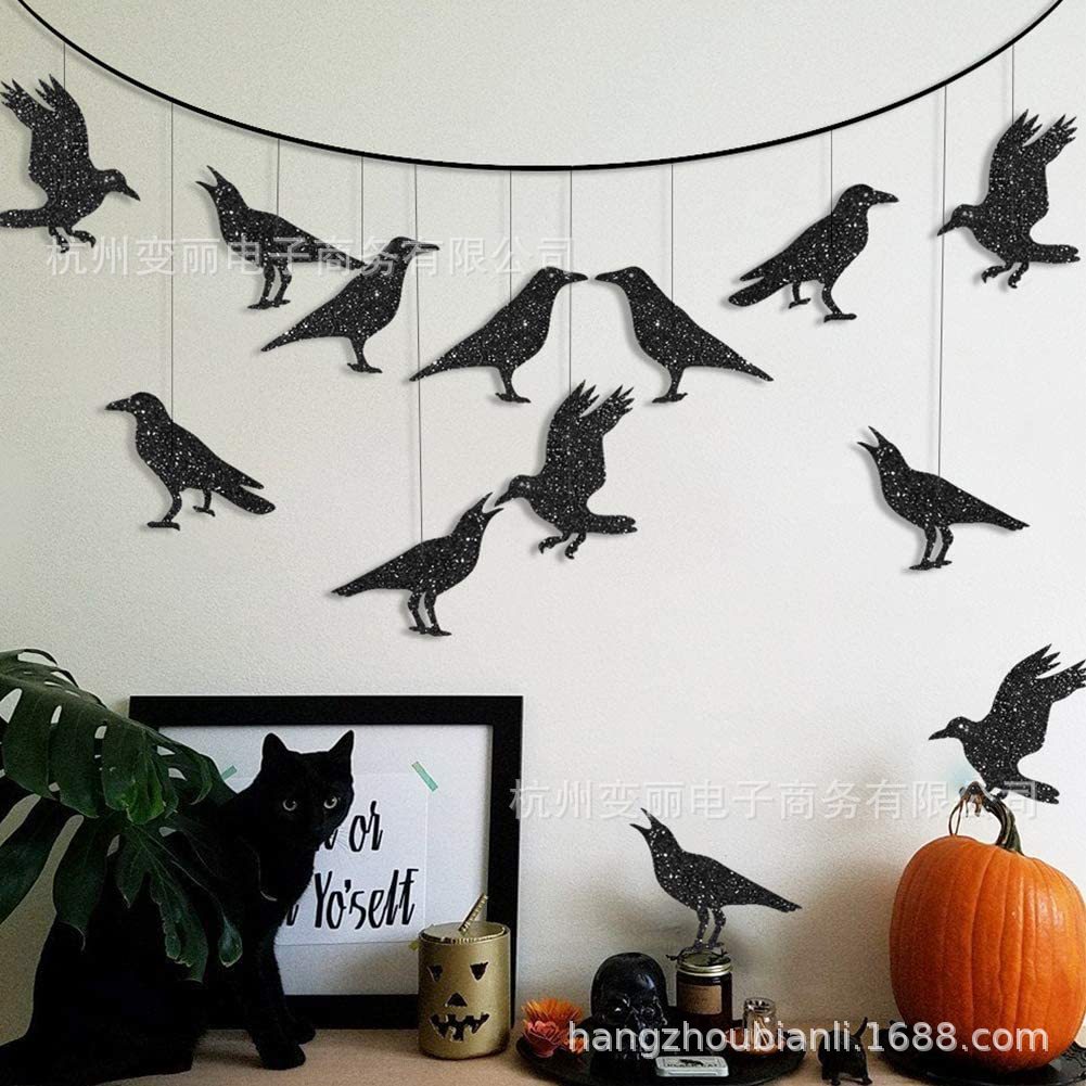 Nuevo árbol de Halloween colgante decoración pájaro Cuervo bandera Garland decoración tema cumpleaños bienvenida bebé pastel par