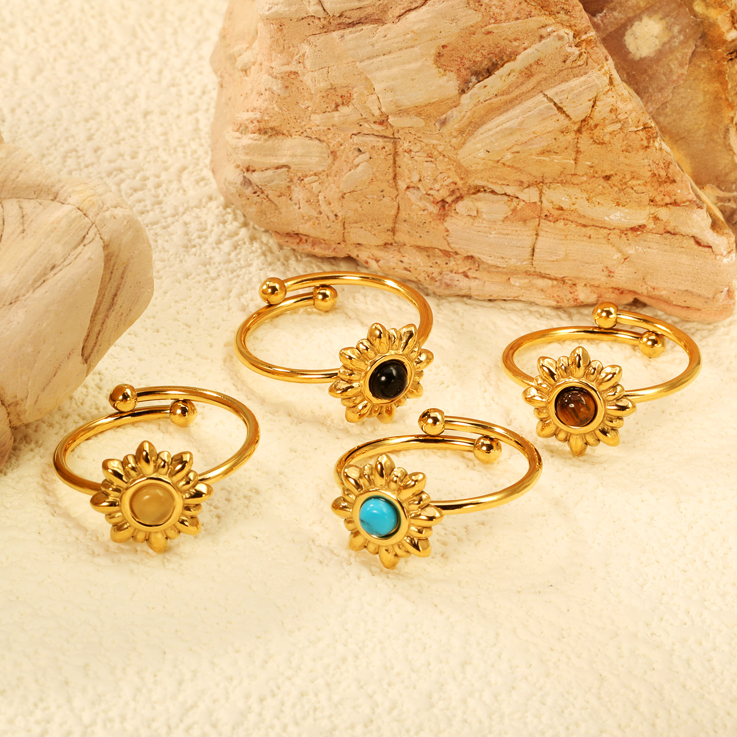 유럽과 미국의 스테인레스 스틸 18K 반지, 복고풍, 다용도, 우아함, 틈새 색상의 천연석, 국경을 넘는 태양 요소 단일 반지