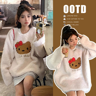 Small Flower Home lamb fur integrated Kitty cat sweater